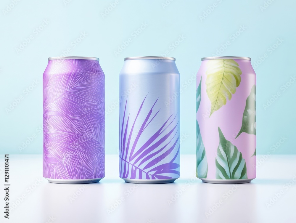 Three Cans with Tropical Designs for Beverage Mockup