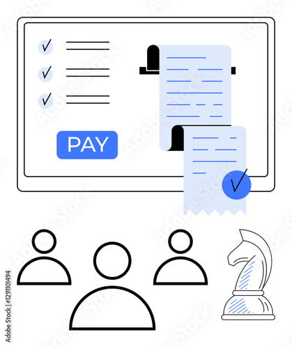 Digital screen with receipt, payment button, checklist, people icons, and chess knight symbol. Ideal for finance, teamwork, strategy, online services digital tools planning abstract line flat