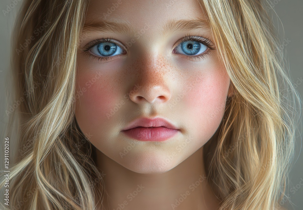 Beautiful close-up portrait of a young girl with blue eyes, fair skin, and soft blonde hair, capturing innocence and charm in natural lighting Beautiful close-up portrait of a young girl with blue eyes, fair skin, and soft blonde hair, capturing innocence and charm in natural lighting