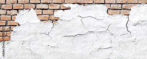 Textured Wall with Cracked White Plaster and Exposed Brickwork in Urban Setting