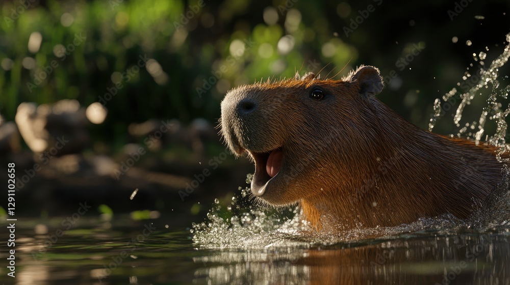 Capybara splashing in nature zoo travel adventure Capybara splashing in nature zoo travel adventure