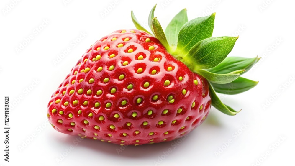 Isolated aerial macro photograph of a flawless ripe strawberry, green cap intact, detailed seeds visible against a pure white backdrop. Isolated aerial macro photograph of a flawless ripe strawberry, green cap intact, detailed seeds visible against a pure white backdrop.