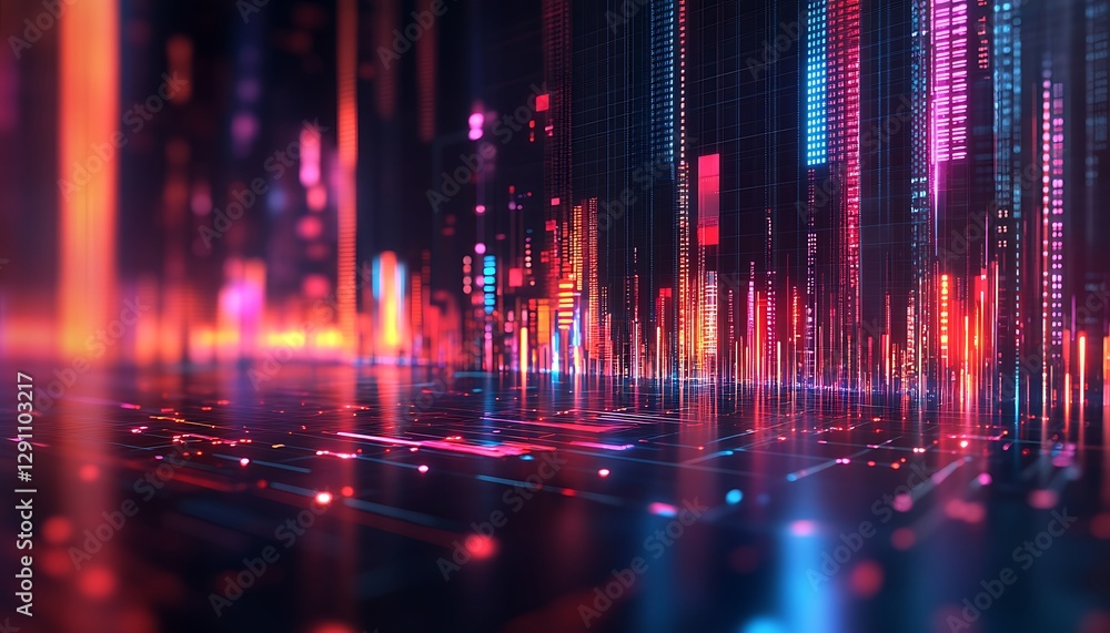 Colorful Digital City Lights Reflecting Across A Surface With Details Colorful Digital City Lights Reflecting Across A Surface With Details