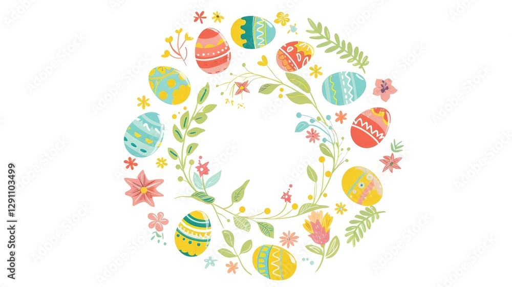 Simple wreath of pastel Easter eggs and spring flowers, flat vector illustration on white background, cute style, perfect for printing Simple wreath of pastel Easter eggs and spring flowers, flat vector illustration on white background, cute style, perfect for printing