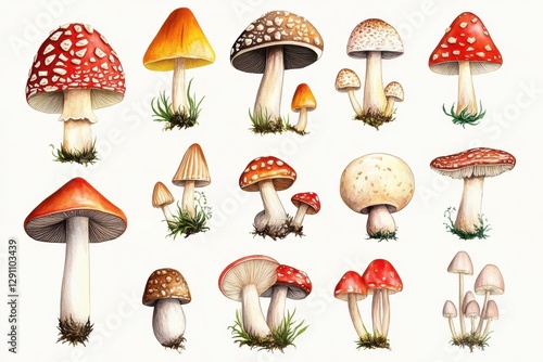Charming hand-drawn mushroom sketches featuring vibrant species like fly agaric and blewit for nature lovers and botanical illustration aficionados