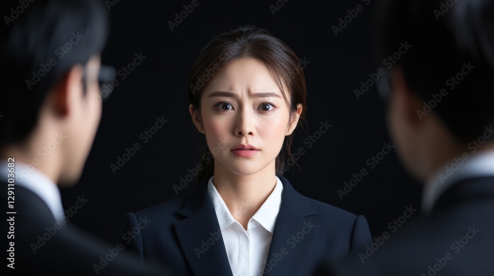 Worried Businesswoman Surrounded by Men in Suits