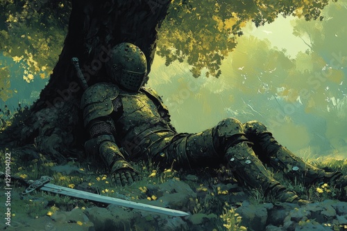 A knight resting under a tree with his sword on the ground