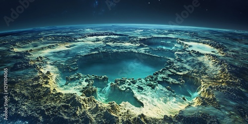 Wide angle visualization of vast Earth 38 billion years ago primitive lifeforms emerging ocean depths atmospheric bioluminescence atmospheric conditions highlighted with deep cinematic color grading