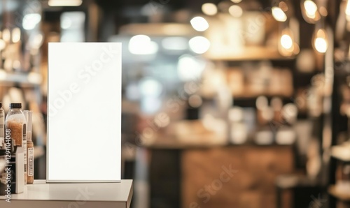 Wallpaper Mural a blank white poster stands in the foreground of an out-of-focus store interior, showcasing a mockup design for advertising and branding with space to add text or images. Torontodigital.ca