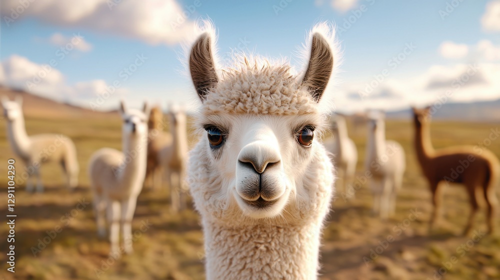 Obraz premium Close-Up of a Curious Alpaca in a Lush Green Field Surrounded by Other Alpacas Under a Bright Blue Sky with Fluffy Clouds