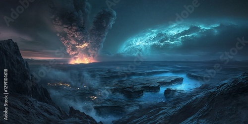 Wide angle visualization of vast Earth 38 billion years ago primitive lifeforms emerging ocean depths atmospheric bioluminescence atmospheric conditions highlighted with deep cinematic color grading