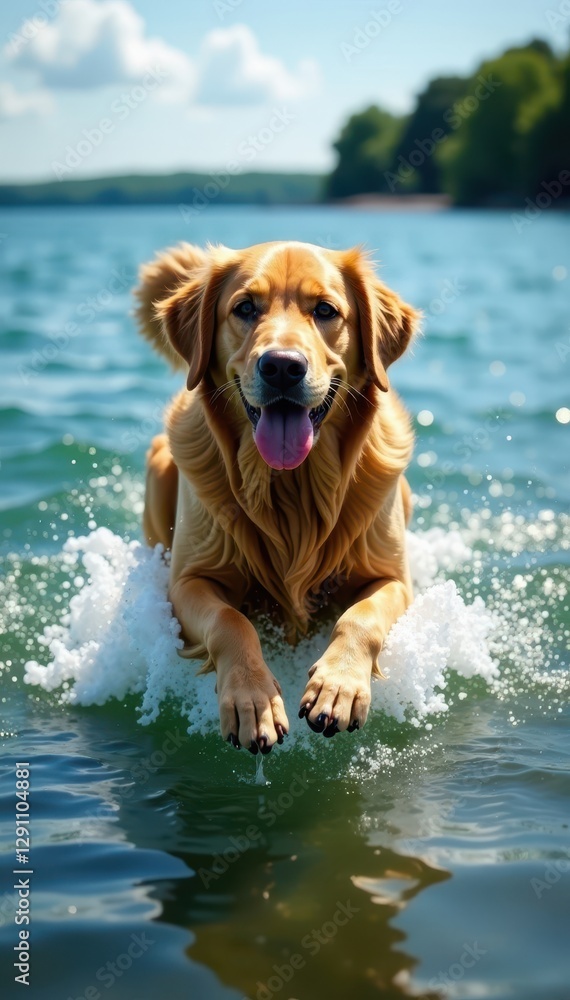 Golden Retriever plunging into Lake Michigan's cool water , waves, lake Golden Retriever plunging into Lake Michigan's cool water , waves, lake