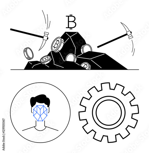 Mining picks extracting coins, facial mapping for biometric ID, mechanical gear for automation. Ideal for blockchain, cryptocurrency, identity security, AI, automation, fintech abstract technology
