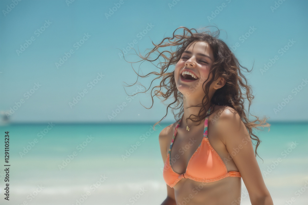 portrait of young beautiful girl wearing bikini swimsuit and posing on resort beach with view of sea and bright sky portrait of young beautiful girl wearing bikini swimsuit and posing on resort beach with view of sea and bright sky