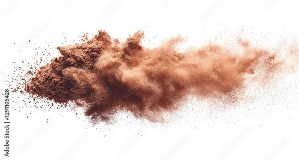 Brown fine powder explosion on a white background creating a cloud of dust and particles with a natural earthy tone for artistic and abstract compositions Brown fine powder explosion on a white background creating a cloud of dust and particles with a natural earthy tone for artistic and abstract compositions