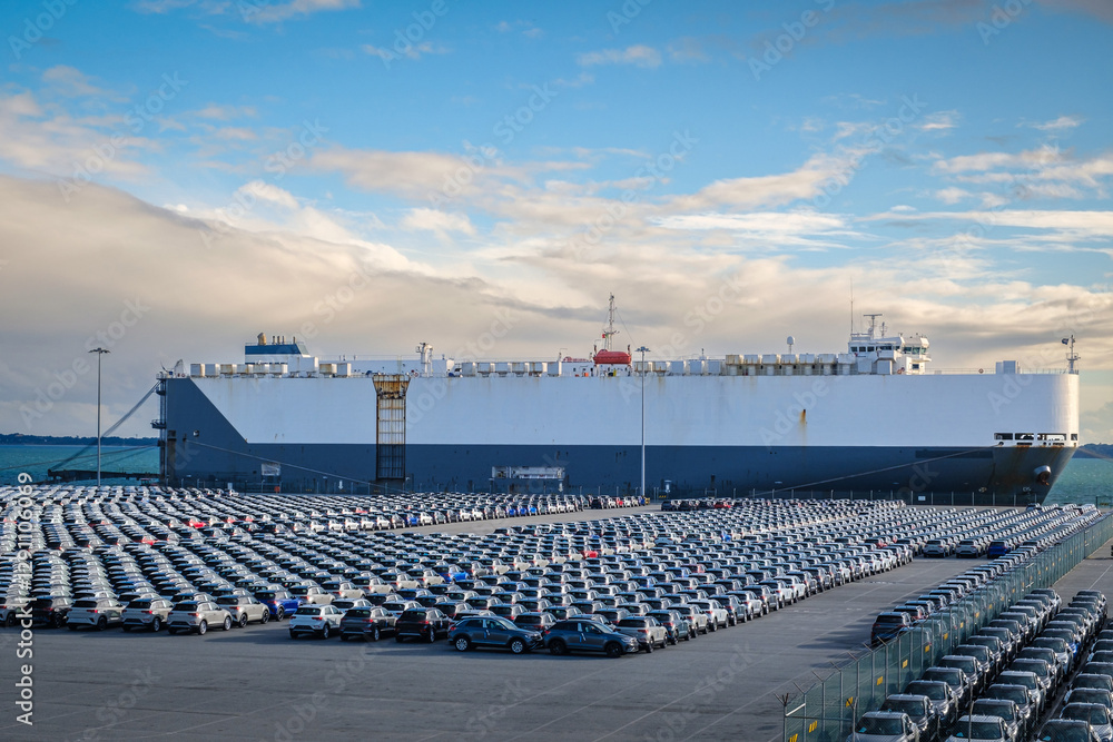 Vehicle carrier or RO-RO ship at port with rows of cars lined up