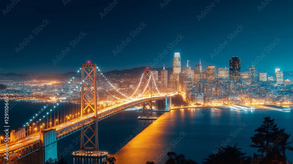 Fototapeta premium Golden Gate's Night Brilliance: San Francisco's iconic bridge glows in the night, seamlessly connecting urban marvels with a serene seascape. This urban panorama evokes the city's vibrant essence