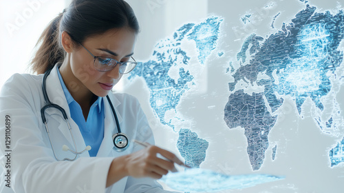 female doctor analyzes data with digital world map in background, showcasing global health insights