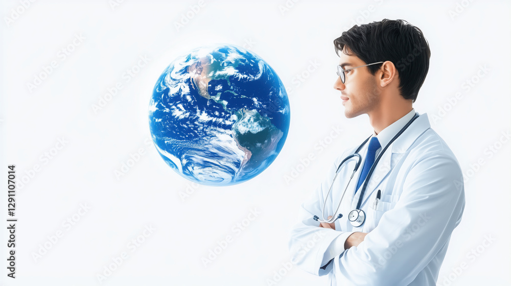 doctor in white coat gazes thoughtfully at globe, symbolizing global health doctor in white coat gazes thoughtfully at globe, symbolizing global health