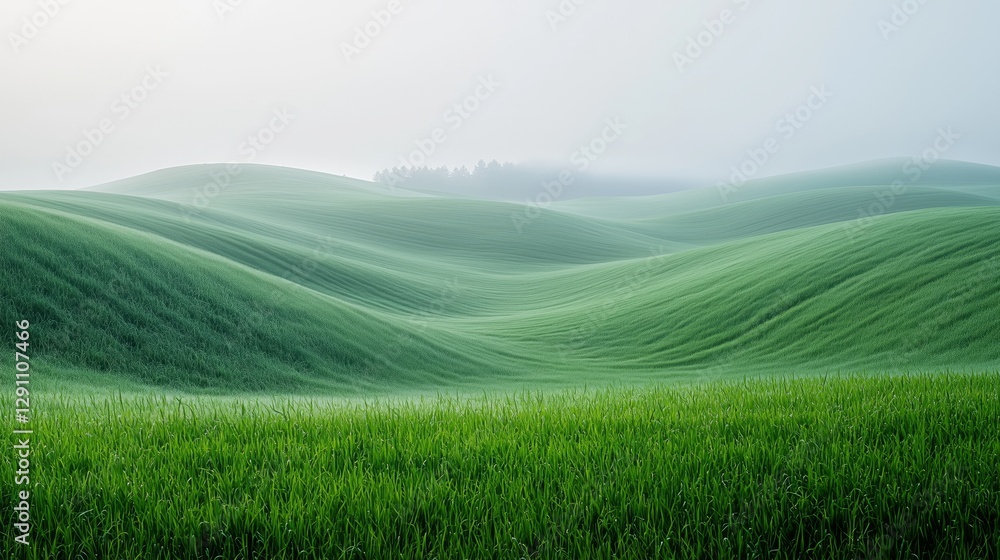 Fototapeta premium Lush Green Rolling Hills Under Soft Morning Fog