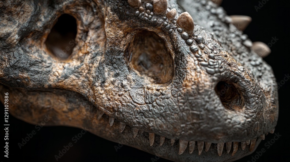 Close Up of a Detailed Brown Dinosaur Skull Fossil Against a Black Background Close Up of a Detailed Brown Dinosaur Skull Fossil Against a Black Background