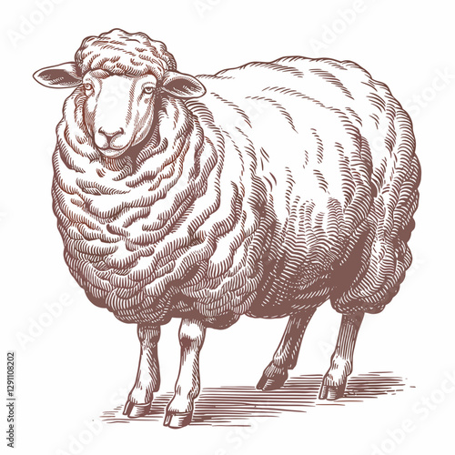 Vintage Engraving of a Fluffy Sheep