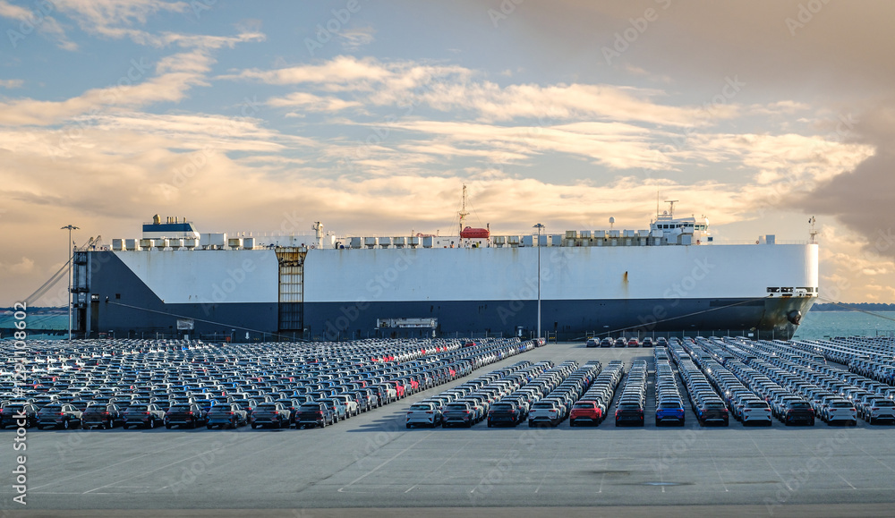 Car carrier ship docked at port with parked vehicles for loading