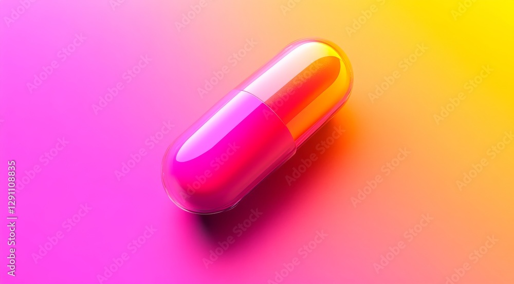 Brightly colored capsule on a vibrant gradient background with a focus on pharmaceutical design aesthetics. Brightly colored capsule on a vibrant gradient background with a focus on pharmaceutical design aesthetics.