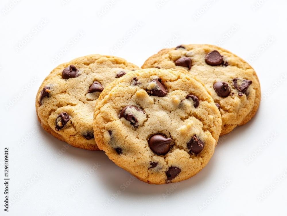 Three chocolate chip cookies on white Three chocolate chip cookies on white