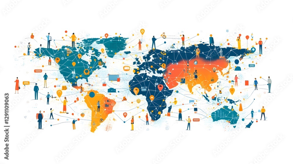 Fototapeta premium A visually appealing representation of a global business network, featuring interconnected people and icons representing digital connections around the globe,