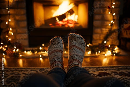 Cozy evening by the fireplace with colorful knitted socks during the festive season