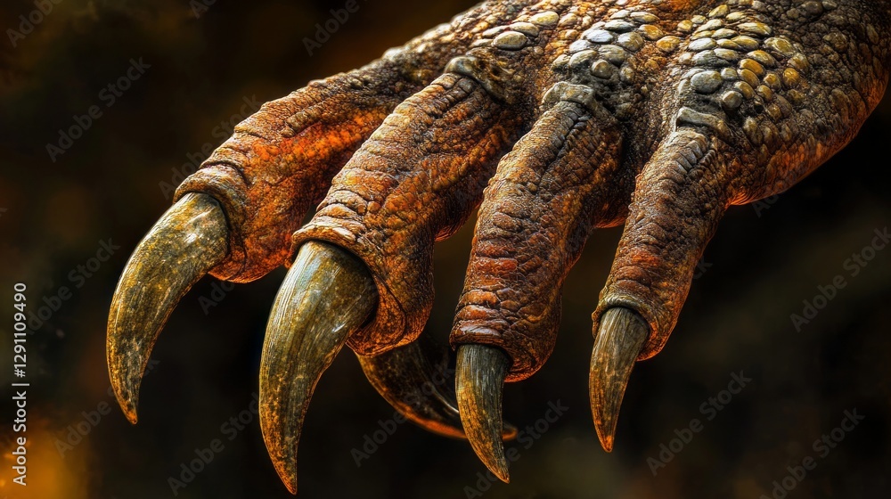 Close Up of Reptilian Claws Brown Gold Scales Dark Background Close Up of Reptilian Claws Brown Gold Scales Dark Background
