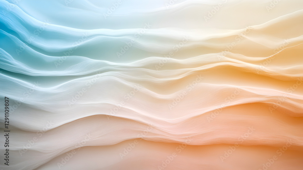 Fototapeta premium Soft fluid waves in pastel blue and warm golden hues creating an abstract landscape. Perfect for design backgrounds, artistic compositions, and calming visuals. Selective focus