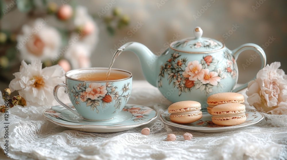 Fototapeta premium Floral Teacup and Teapot with Macarons
