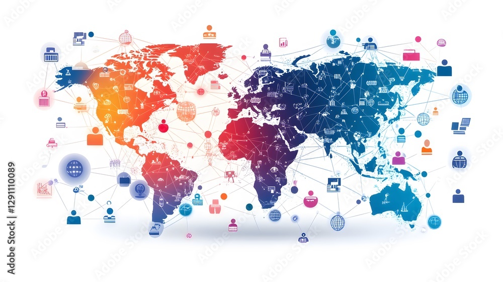 Naklejka premium A visually appealing representation of a global business network, featuring interconnected people and icons representing digital connections around the globe,