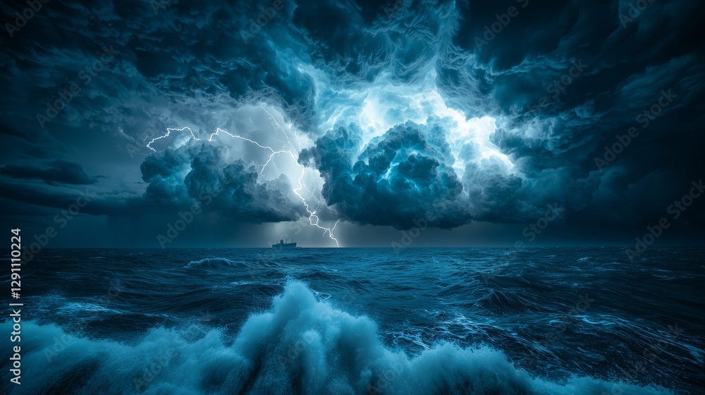 Fototapeta premium Dramatic Stormy Sea with Lightning and Dark Clouds