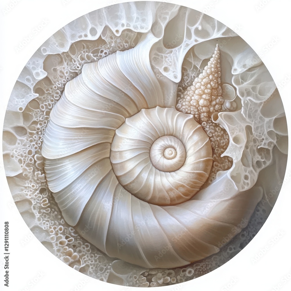 Obraz premium Intricate Spiraling Seashell Close up with Textured Background