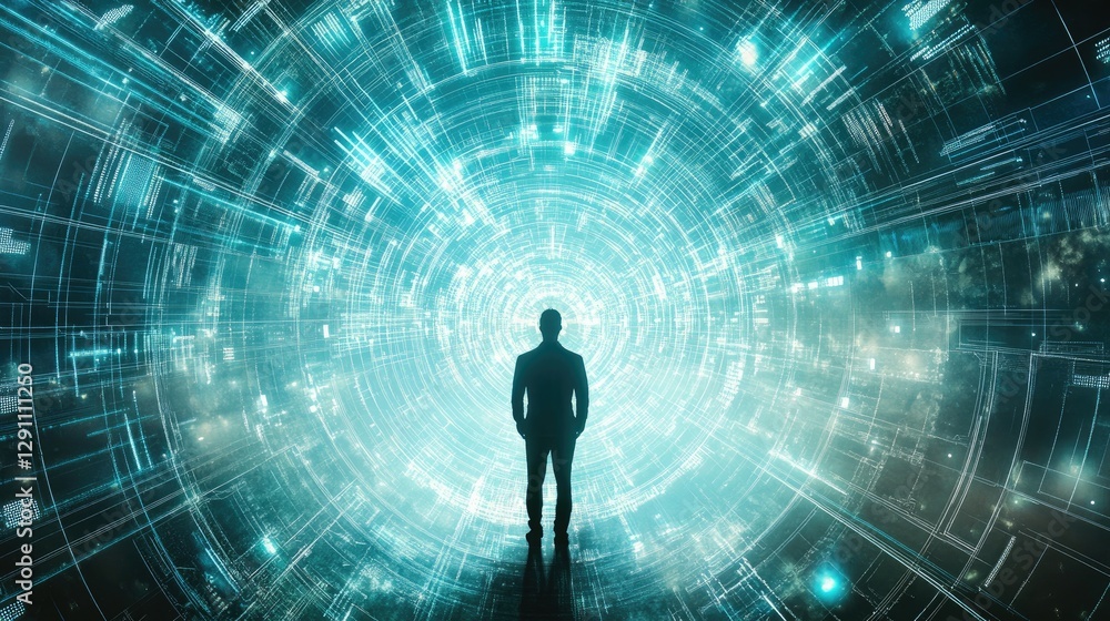 A man stands in the center of an endless space surrounded by digital data and cyberpunk, glowing lines, light cyan, turquoise background, A man stands in the center of an endless space surrounded by digital data and cyberpunk, glowing lines, light cyan, turquoise background,