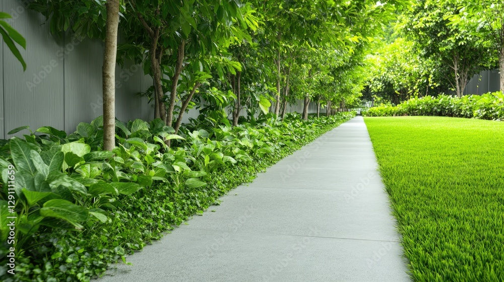 Obraz premium Lush greenery lines serene pathway, inviting tranquil strolls un