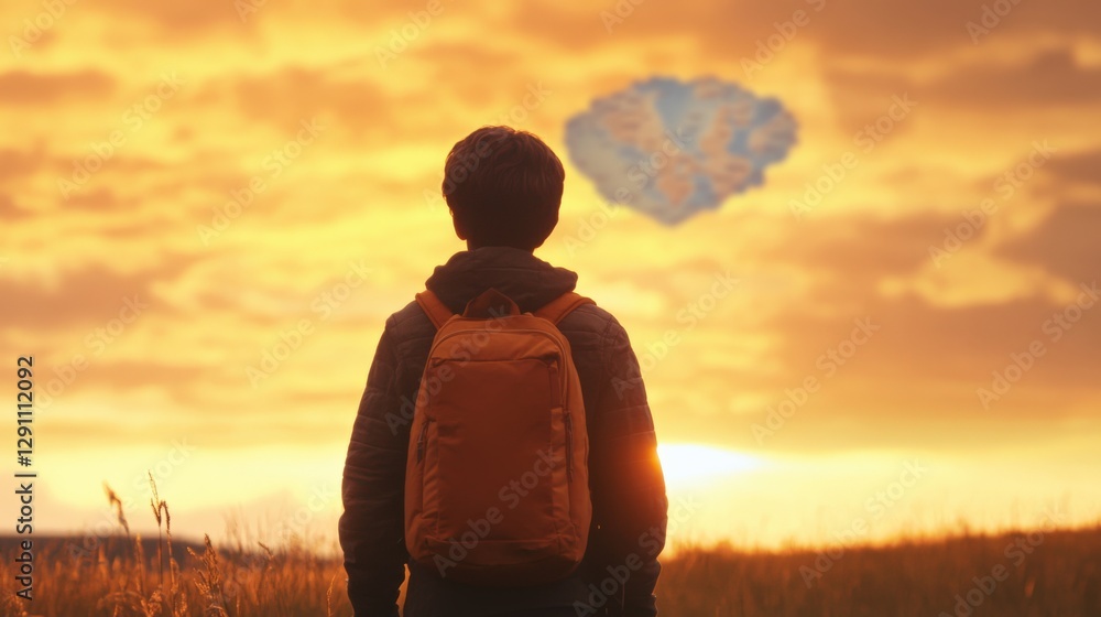Boy with Backpack Looking at Cloud Map Boy with Backpack Looking at Cloud Map