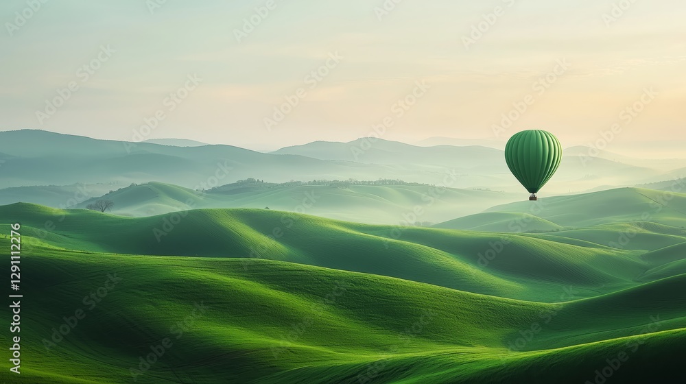 Fototapeta premium Serene Hot Air Balloon Over Lush Green Rolling Hills