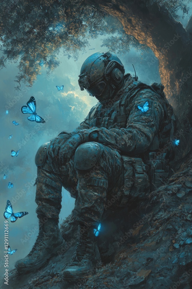 A Solitary Soldier Resting Underneath a Tree Surrounded by Butterflies A Solitary Soldier Resting Underneath a Tree Surrounded by Butterflies