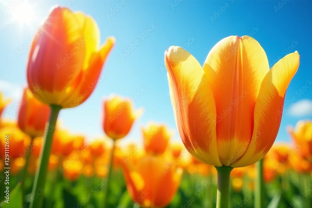 Close-up of beautiful orange and yellow tulips under sunny skies, beauty, floral, plant