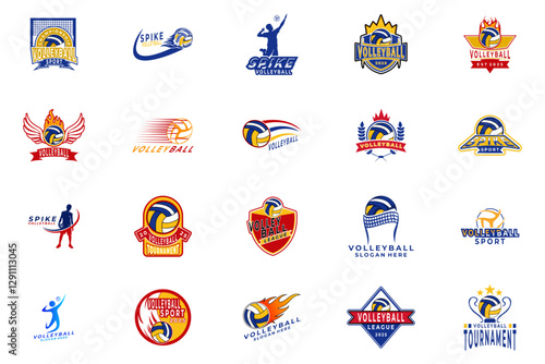 Volleyball logo templates set. Volleyball emblem, logotype template, t-shirt apparel design. Volleyball ball. Sport team badge for tournament or championship. Vector set.