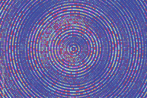 Blue, marron, purple, aqua colorful halftone festival background. Radial halftone gradient background. Fading effect polka dot multicolor background for fabric, banner, poster, wallpaper and more.