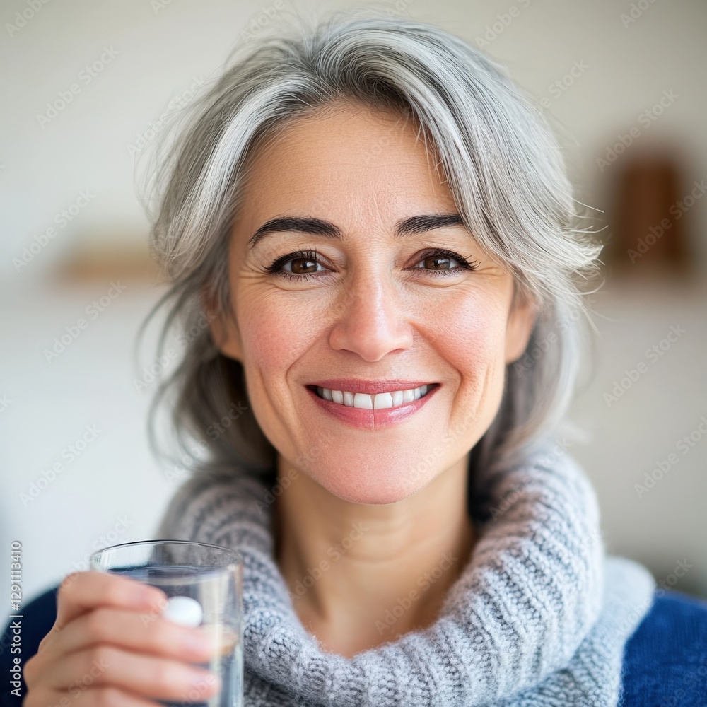 Smiling Woman with Grey Hair Holding Glass of Water Smiling Woman with Grey Hair Holding Glass of Water