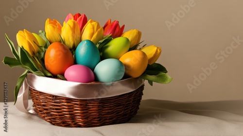 Colorful tulips and decorated eggs create vibrant spring centerp photo