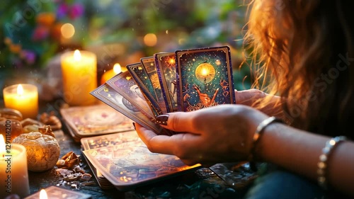 Person engages in decorative tarot reading surrounded by candles in a serene garden setting