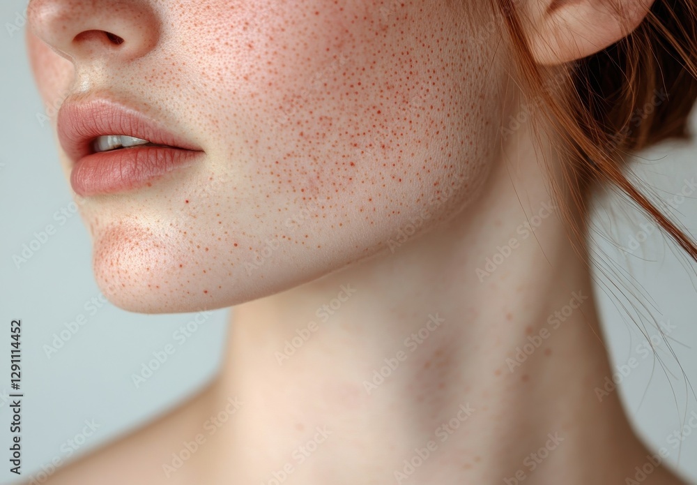 Obraz premium Close-Up of a Young Woman's Freckled Skin, Natural Beauty, Soft Lighting, Serene Expression, Unfiltered Beauty, Portrait Showcase of Freckles