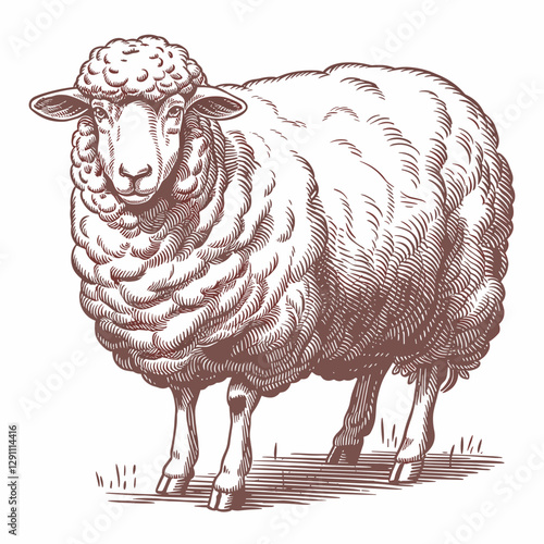 Vintage Engraving of a Fluffy Sheep